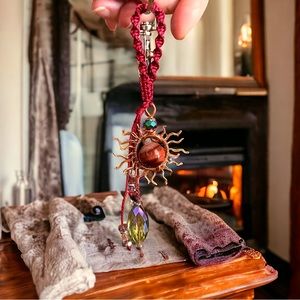 Crystal bag charm,Artisan copper wire sun with large red tigers eye crystal,gift